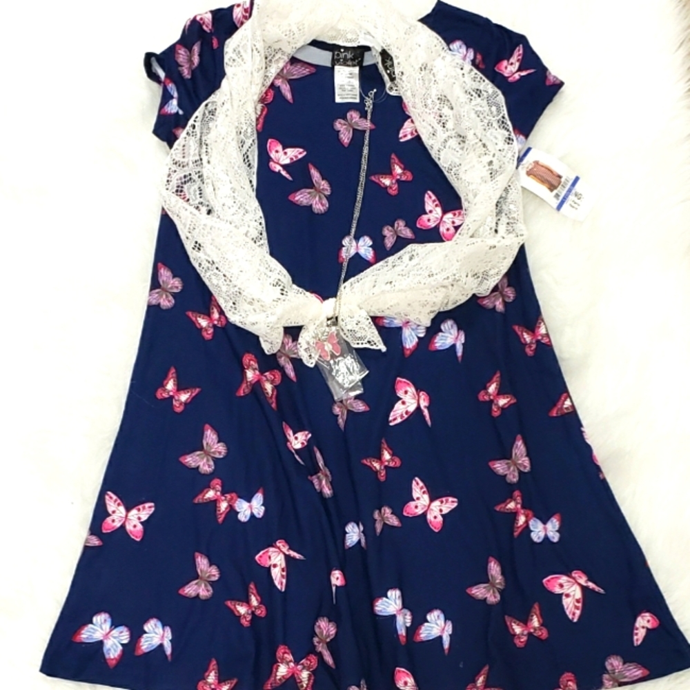 Butterfly Girls Dress with Scarf and Necklace
